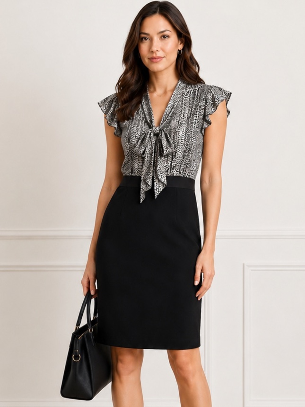 LOFT Flutter Sleeve Bow Tie Sheath Dress Size 6 Black White Career Chic